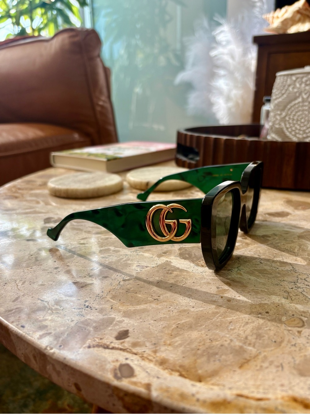 Gucci Green Marble Acetate Sunglasses with Gold Double GG